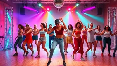 An energetic digital scene featuring diverse individuals dancing in unison in a virtual dance fitness class, with colorful backgrounds, disco lights, and upbeat music, projecting joy, movement, and community spirit in the virtual dance studio.