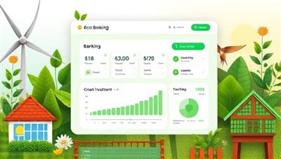 An eco-friendly banking platform interface with nature-inspired design elements, green investment options, and a carbon footprint tracker, surrounded by images of renewable energy sources and sustainable lifestyle choices, creating a visually appealing and environmentally conscious brand image.