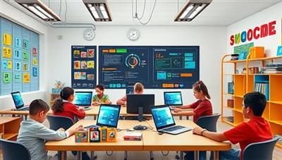 An engaging virtual coding classroom filled with colorful coding blocks, interactive coding puzzles, and digital devices, with enthusiastic young learners collaborating on coding projects and exploring the world of technology and innovation in a dynamic and creative space.
