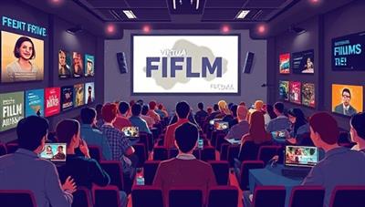 An artistic digital illustration of a virtual film festival screening room, showcasing an array of film posters, festival branding, and virtual audience members engaging with the films, filmmakers, and industry professionals, creating a dynamic and immersive online film festival experience.