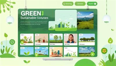 An artistic representation of a digital platform showcasing diverse sustainable living courses, with images of eco-friendly practices, renewable resources, and recycling initiatives, inspiring users to embrace a greener lifestyle through online education and practical tips.