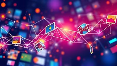 An artistic representation of a blockchain network intertwining with digital artworks, symbolizing the secure and transparent transaction process on ArtChain Marketplace, with vibrant colors and geometric patterns evoking creativity and innovation in the digital art space.