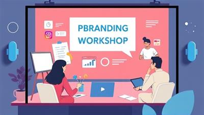 A digital illustration of a personal branding workshop in a virtual setting, featuring individuals discussing brand strategies, content creation ideas, and social media tips on a digital platform with branding visuals, analytics data, and influencer success stories, symbolizing growth and influence in the digital realm.