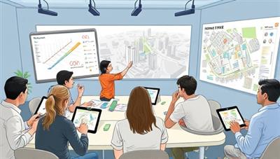 An illustration of a virtual urban planning workshop with diverse participants brainstorming ideas on digital tablets, sketching on virtual whiteboards, and analyzing city maps, highlighting the collaborative and innovative nature of CityVision Labs' workshops.