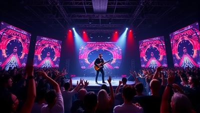 A dynamic virtual concert setting with a musician performing on a digital stage, surrounded by a virtual crowd of cheering avatars, creating an immersive and engaging online concert experience.