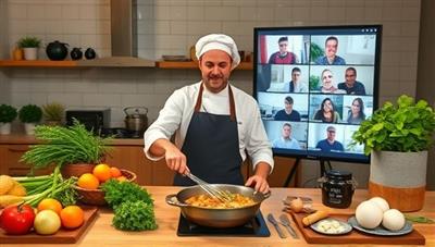 An online cooking class setup featuring a professional chef demonstrating a recipe, surrounded by fresh ingredients, cooking utensils, and a digital screen displaying participants following along from their kitchens, creating a dynamic and interactive culinary experience.
