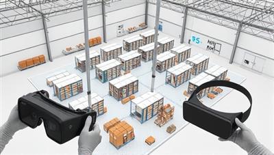 A virtual 3D warehouse model displaying optimized storage layouts, efficient workflow paths, and space-saving solutions, surrounded by virtual reality glasses and digital planning tools, illustrating innovative space optimization strategies.