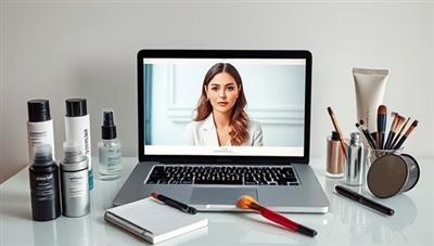 A sleek and modern virtual beauty consultation setup featuring a laptop with a beauty expert on screen providing advice, surrounded by skincare products, makeup brushes, and a notepad for personalized recommendations, creating a high-tech and personalized beauty experience.