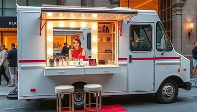 A chic and stylish mobile beauty bar setup with a glamorous mirror station, trendy hairstyling tools, a wide range of makeup products, and a cozy seating area, parked outside a bustling event venue or office building, attracting attention and excitement for on-the-go beauty transformations.