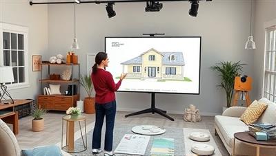 A virtual design studio setup with a designer presenting a 3D home renovation plan on a large screen, surrounded by color swatches, furniture samples, and renovation tools, creating a visually appealing and professional workspace for virtual consultations.