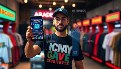 A visually captivating image of a customer using AR technology to virtually try on gaming merchandise, with digital overlays showcasing different customization options and interactive features, creating an engaging and immersive shopping experience at the ARcade Merch Emporium.