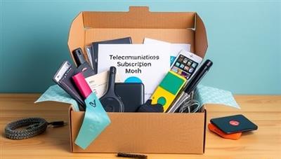 An image of a creatively designed subscription box filled with telecommunication gadgets, accessories, and tech tools, showcasing the variety and excitement of receiving the Telecommunications Subscription Box Service every month.