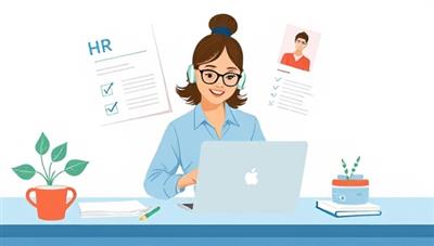 An illustration of a virtual HR assistant working on a laptop, surrounded by HR documents and employee profiles, conveying efficiency and professionalism in remote HR management.