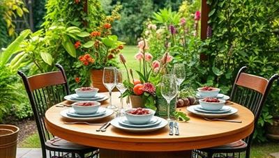 A beautifully set table in a lush outdoor setting with elegant eco-friendly dinnerware, surrounded by fresh local produce and blooming flowers, creating a sustainable and inviting dining atmosphere.