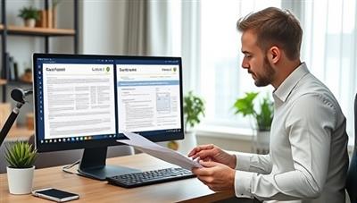 A modern home office setup with a computer displaying legal document templates, with a professional-looking individual reviewing paperwork, showcasing efficiency and professionalism.