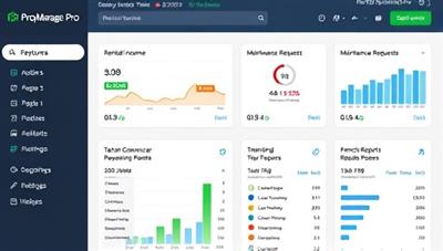 An online property management dashboard displaying key features such as rental income tracking, maintenance requests, tenant communication tools, and financial reports, showcasing the efficiency and convenience of PropManage Pro for property management professionals and landlords.