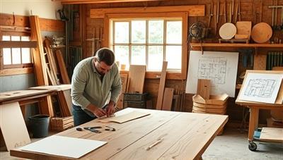 An artisan crafting a custom wooden table in a sunlit woodworking studio, surrounded by woodworking tools, reclaimed wood materials, and design sketches, embodying precision and creativity in bespoke furniture design.
