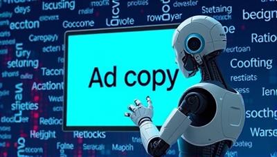 An AI robot composing ad copy on a digital screen, surrounded by words and phrases floating in a creative and dynamic visualization of the AI-powered ad copy generation process, emphasizing innovation and efficiency in content creation.