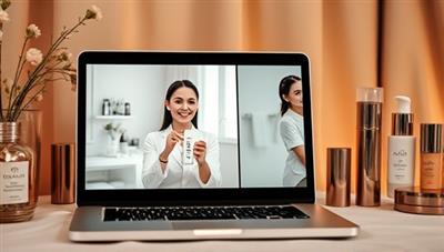 A laptop screen displaying a virtual beauty consultation session with a consultant demonstrating skincare products, surrounded by a backdrop of elegant beauty products and a cozy setting, evoking a sense of luxury and expertise.