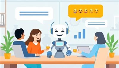 An interactive visual representation of RecruitBuddy AI as a friendly and efficient chatbot assistant interacting with candidates and HR professionals in a virtual office setting, with speech bubbles and emojis conveying seamless communication and support throughout the recruitment process.