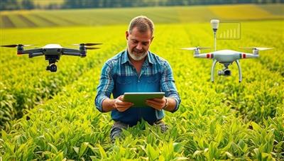 An image showing a farmer using a digital tablet in a lush field, surrounded by advanced agricultural equipment like drones and sensors, with data analytics displayed on the screen, symbolizing the fusion of technology and traditional farming practices for enhanced efficiency and yields.