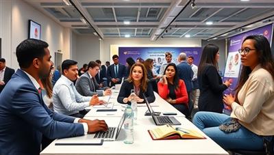 A dynamic and professional career development session showcasing participants engaging in mock interviews, resume workshops, and networking activities with industry professionals in a virtual career fair setting, highlighting career growth and advancement opportunities through the bootcamp.