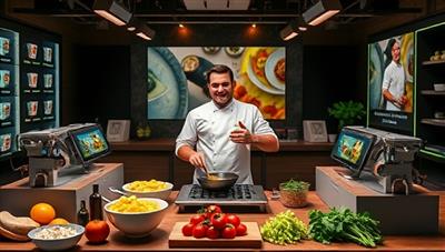 An enticing visual representation of a virtual culinary masterclass setting with a celebrity chef demonstrating cooking techniques, surrounded by digital cooking stations, fresh ingredients, and interactive recipe guides, creating a dynamic and immersive experience for participants in GourmetU's culinary platform.