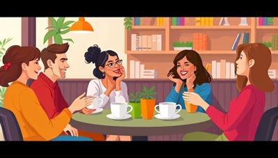 A vibrant digital illustration of a cozy café setting with diverse avatars engaging in language conversations over virtual coffee cups, creating a welcoming and inclusive atmosphere for language learners.