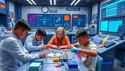 A group of students collaborating and solving STEM challenges in a virtual world filled with robots, circuits, and scientific equipment, capturing the excitement and teamwork fostered by STEM Quest's gamified approach to education.