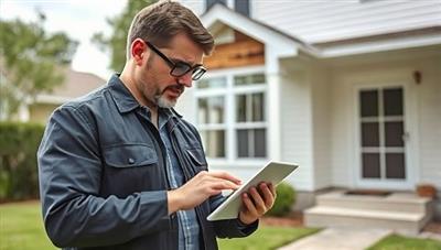 An image of a professional insurance adjuster inspecting a damaged property while using a tablet to process the claim digitally, showcasing efficiency and modern technology in claims handling.