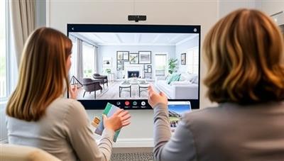 A virtual design consultation session showcasing a designer presenting a digital mood board and room layout to a client via a video call, with vibrant color swatches and furniture samples, creating a visually engaging and interactive experience.