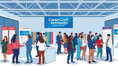 A professional digital illustration featuring a virtual career fair setting with diverse professionals engaging in networking activities, attending workshops, and exploring job opportunities within the dynamic and supportive community of CareerCraft Pathways, symbolizing career growth and professional development.