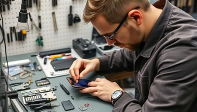 An image of a technician working on a smartphone repair at a well-equipped repair station, surrounded by tools and spare parts, highlighting professionalism and precision in tech repairs.