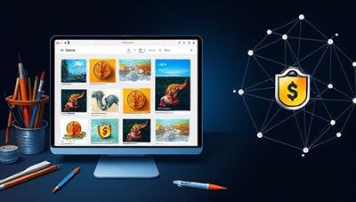 An online platform interface displaying a collection of digital artworks, each with a unique blockchain token, surrounded by digital art tools and a secure blockchain network visualization, symbolizing the innovative and secure art transactions facilitated by ArtChain Creations.