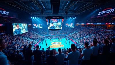 A dynamic and engaging esports arena setting on Esports BetHub, showcasing live streams of esports matches, betting options on teams, and a vibrant community interacting and cheering for their favorite players, capturing the excitement of esports betting.