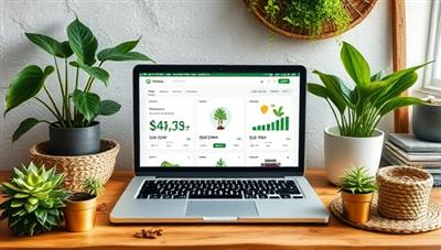 An eco-friendly themed image featuring a laptop screen displaying sustainable investment options surrounded by green plants, recycled materials, and nature-inspired decor, evoking a sense of ethical investing and environmental consciousness.