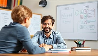 An online tutoring session with a tutor and student interacting through video call, with digital whiteboards and study materials visible in the background, illustrating personalized and engaging learning experiences.