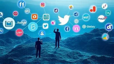 An artistic rendering of a digital landscape with virtual influencers interacting with brand logos, symbolizing the fusion of technology and marketing in a visually striking manner.