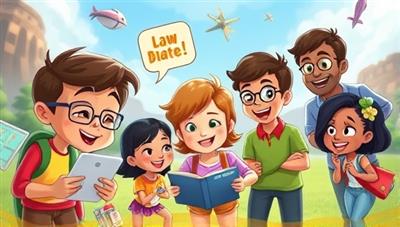 An animated depiction of diverse characters engaging in language learning challenges within the app, with vibrant visuals and game-like elements enhancing the educational experience, capturing the essence of LingoQuest Adventures.
