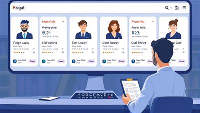 An illustration of a digital marketplace interface with profiles of freelance lawyers showcasing their expertise, client reviews, and project bids, with a user browsing through legal service offerings, highlighting the platform's dynamic and transparent nature.