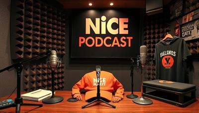 An artistic representation of a podcast studio setup with microphones, soundproofing panels, and branded merchandise, capturing the essence of niche podcasting and targeted advertising opportunities within specific interest categories.