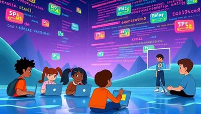 An animated digital landscape with colorful code blocks floating around, a group of diverse kids with laptops engaged in coding activities, and a virtual instructor guiding them through a coding lesson, illustrating a futuristic and engaging coding camp environment.
