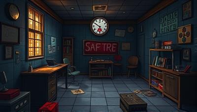 A digital illustration of a mysterious virtual room filled with interactive puzzles, hidden clues, and a countdown timer, capturing the suspense and thrill of the virtual escape room challenges offered by Escape Quest.