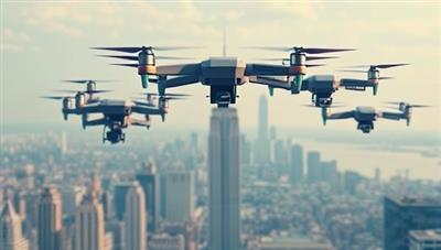 A fleet of delivery drones hovering above a city skyline, with packages securely attached, ready for swift and efficient deliveries, symbolizing the innovation and speed of SkyDrop Express drone delivery service.