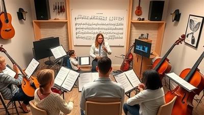 A virtual music lesson setup with an instructor guiding students of different ages in playing instruments and reading sheet music, surrounded by musical instruments, music sheets, and digital interfaces, creating a harmonious and engaging learning environment.