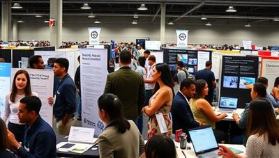 A bustling digital career fair setting with professionals engaging in mentorship conversations, resume reviews, and networking opportunities, surrounded by virtual booths representing different industries and career paths, highlighting the collaborative and empowering environment of CareerClimb Collective.