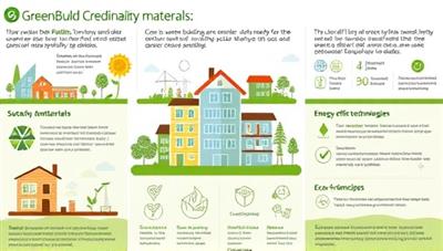 An educational infographic showcasing sustainable building materials, energy-efficient technologies, and eco-friendly design elements, highlighting the core principles and benefits of the GreenBuild Credentials certification program in the real estate sustainability sector.
