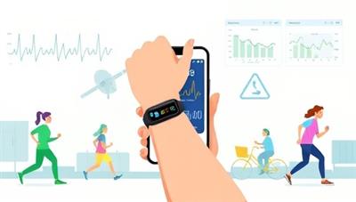 An illustration of a person wearing the VitaTrack bracelet while engaging in various activities, with vital signs and wellness metrics displayed on a mobile app screen in the background, showcasing the seamless integration and user-friendly interface of the health monitoring system.