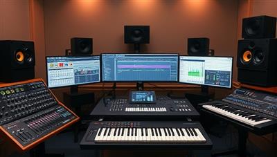 A digital music studio setup with virtual mixing consoles, MIDI controllers, and music production software interfaces, showcasing a creative and professional environment for music production education and training.