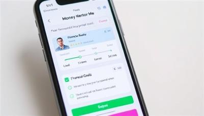 A smartphone screen displaying the Money Mentor Me app interface, featuring personalized financial goals, progress trackers, and a chat window with a financial mentor, illustrating convenience and guidance at users' fingertips.